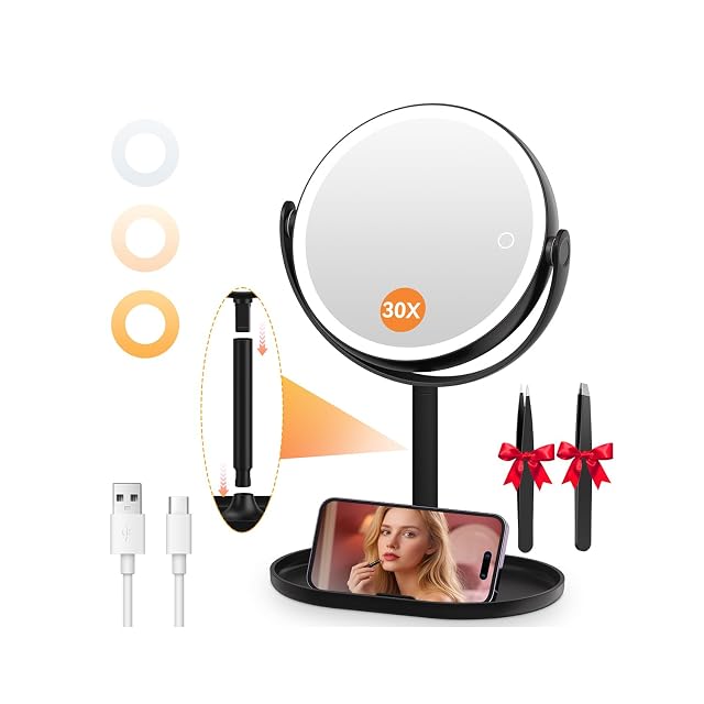 Auxmir doppelseitiger Kosmetikspiegel mit LED-Ring und Standfuß