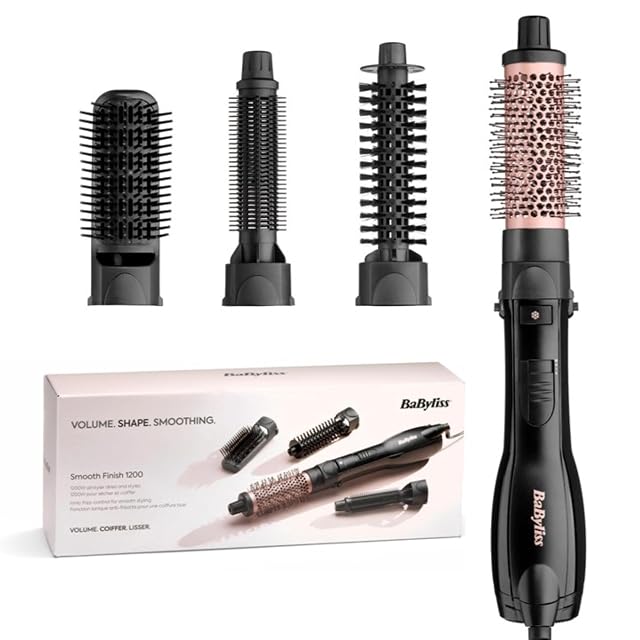BaByliss Smooth Finish 1200 Warmluftbürste mit vier Styling-Aufsätzen in Schwarz und Rosa