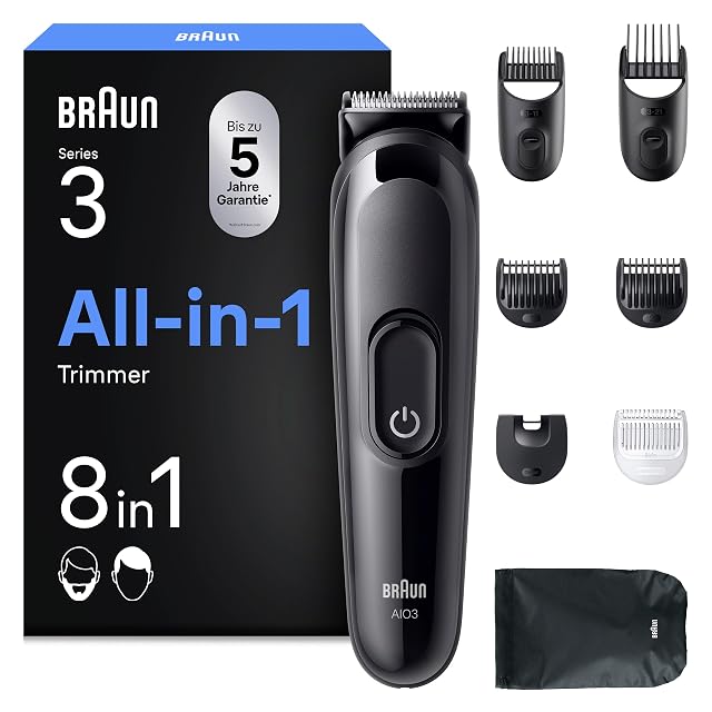 Braun Multigroom Series 3 AIO3545 achtteiliges Pflegeset mit Kämmen und Tasche