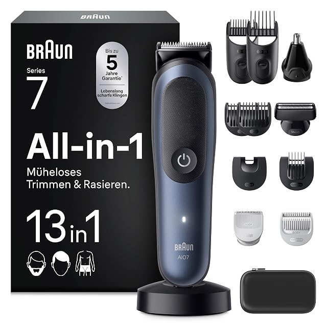 Braun Multigroom Series 7 AIO7565 dreizehnteiliges Pflegeset in Blau mit Präzisionskopf