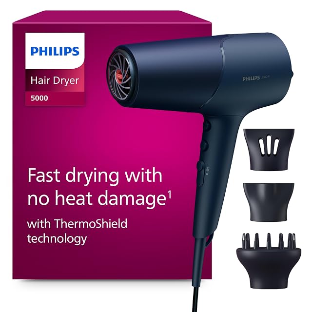 Philips 5000 Series BHD510 Haartrockner in Metallicblau mit zwei Düsen und Diffusor