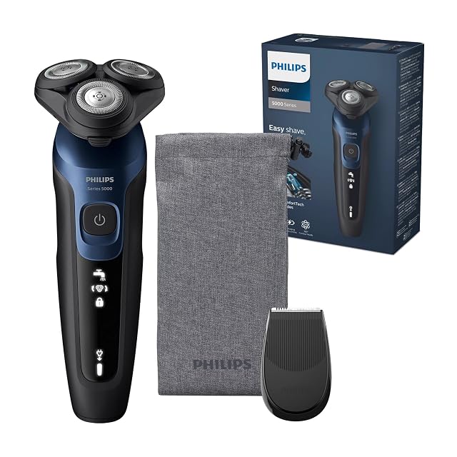 Philips Shaver 5000 S5465 Rotationsrasierer in Metallicblau mit Präzisionstrimmer und Tasche